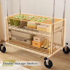 Snhomee 74"W Clothing Rack with Wheels, Heavy-Duty Steel Frame with Shelves, No-Wobble Design, Quick Assembly