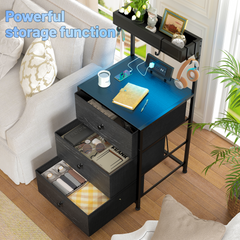 Tall LED Nightstand with Charging Station & 3-Drawer Shelves | Bedside Table with USB/AC Outlets & 4 Hooks-Black-snhomee