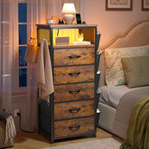 Snhomee Nightstand with 5 Drawers, Narrow and Tall Nightstand with Charging Station & LED Lights, Modern Nightstands for Bedroom, Dorm, Apartment, Small Spaces