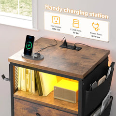 Snhomee Nightstand with 5 Drawers, Narrow and Tall Nightstand with Charging Station & LED Lights, Modern Nightstands for Bedroom, Dorm, Apartment, Small Spaces