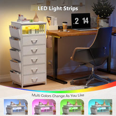 Snhomee Nightstand with 5 Drawers, Narrow and Tall Nightstand with Charging Station & LED Lights, Modern Nightstands for Bedroom, Dorm, Apartment, Small Spaces
