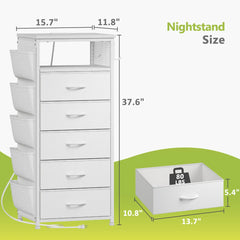Snhomee Nightstand With 5 Drawers, Narrow and Tall Nightstand With Charging Station & Extra Storage Bag -Nightstand Dresser For Bedroom, Dorm, Apartment & Small Spaces