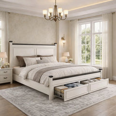 Snhomee Farmhouse Wooden Platform Bed Frame with 2 Storage Drawers, 51.25" Tall Headboard, 900 lbs Weight Capacity, Noise-Free, No Box Spring Needed