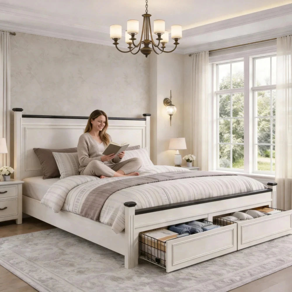 Snhomee Farmhouse Wood Platform Bed Frame with 2 Storage Drawers