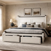 Snhomee Wood Platform Bed Frame with 2 Storage Drawers, 51.25" Statement Headboard, Modern Farmhouse Panel Design, Roman Column Accents, Reinforced Support up to 900 lbs, No Box Spring Needed