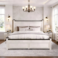 Snhomee Farmhouse Wood Platform Bed Frame with 2 Storage Drawers, 51.25" Tall Headboard, Reinforced Slat Support, Noise-Free, No Box Spring Needed, 900 lbs Weight Capacity