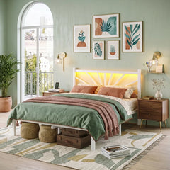 Snhomee LED Metal Platform Bed Frame with Storage Space, 882Lbs & Quiet Support, No Box Spring Needed