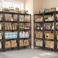 Snhomee 5 Tier Wire Shelving, Metal Storage Rack, Heavy Duty, Adjustable Shelves, Anti -Fall Side Rails, Utility Organizer, Pantry Kitchen Bathroom Garage Storage, Wall Hooks, Narrow 18.1 Inch Wide Shelf, 330lbs Capacity