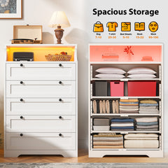 Snhomee 5-Drawer Tall Dresser with LED Lights & Shelves – Modern Storage Cabinet for Bedroom, Living Room & Entryway