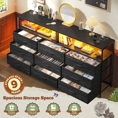 Snhomee Dresser TV Stand with 9 Drawers & Charging Station– 55" Wide Media Console LED lights & Wood Shelves for Bedroom, Living Room, or Dorm