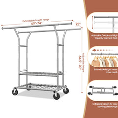 74"W Clothing Rack with Wheels, Heavy-Duty Steel Frame with Shelves, No-Wobble Design, Quick Assembly