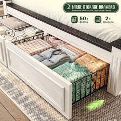 Snhomee Farmhouse Wood Platform Bed Frame with 2 Storage Drawers, 51.25" Tall Headboard, Reinforced Slat Support, Noise-Free, No Box Spring Needed, 900 lbs Weight Capacity