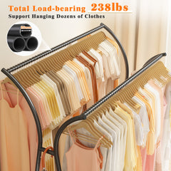 Snhomee Double-Rod Clothing Rack with Wheels, Rust-Resistant Clothes Rack with Bottom Shelf & Curved Supports for Long Coats