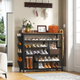 Snhomee 6-Tier Metal Shoe Rack for Entryway Holds 24 Pairs, Wooden Top and Side Pocket for Entry, Entrance, Hallway, Black