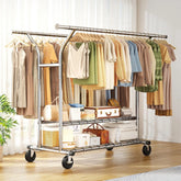 Snhomee 630 LBS Heavy Duty Expandable Metal Clothes Rack with 2 Shelves & Lockable 360° Wheels, Snap-Fit Assembly for Bedroom Laundry Room
