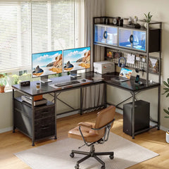 Snhomee 67" Extra-Large Reversible L-Shaped Gaming Desk with Overhead Storage Hutch, Drawers, Grid Pegboard, Dynamic RGB Lights & Charging Station, Dual-Monitor Computer Desk for Bedroom, Home Office & Studio