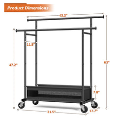 Snhomee Double Rod Clothing Rack with Storage Bag & Sturdy Wheels, rolling clothing racks,Metal Garment Rack for Closet Organizers and Storage
