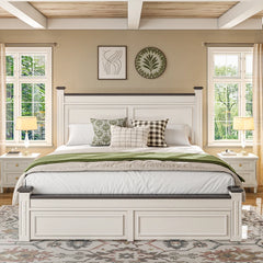 Snhomee Farmhouse Wooden Platform Bed Frame with 2 Storage Drawers, 51.25" Tall Headboard, 900 lbs Weight Capacity, Noise-Free, No Box Spring Needed