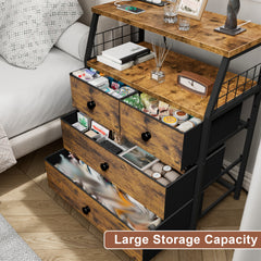 LED Nightstands with Charging Station: 4 Fabric Drawers, USB Ports & Outlets for Bedroom-Rustic Brown-1-snhomee