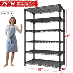 Snhomee 35''W 6‑Tier Adjustable Metal Wire Shelving Unit, 1000lbs Heavy Duty Storage Shelf Rack for Pantry, Kitchen, Basement, Garage & Closet