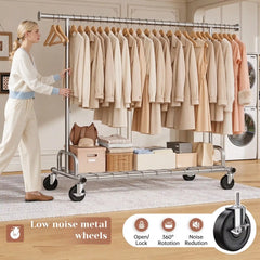 Snhomee 75"W Heavy Duty Rolling Garment Rack, 485 LBS Expandable Clothes Rack with Lockable Wheels for Bedroom Laundry Room