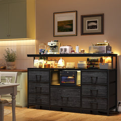 55" Media Entertainment Center Dresser with LED & Power Outlets | 7 Fabric Drawers & Wood Shelves | Bedroom/Living Room TV Stand with Sturdy Metal Frame-Black-snhomee