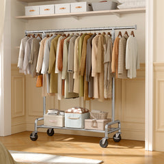 Rolling Clothes Rack with Shelf, Adjustable Clothes Rack with Bottom Shelf & 4 Hooks for Hanging