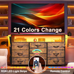 55" Smart TV Stand & Dresser | 10-Drawer Storage with LED Lights & Outlets | Metal/Wood Frame-Black-snhomee