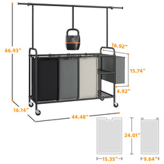 Snhomee 200L Rolling Laundry Sorter with Hanging Bar & 3 Bags - Wheeled Hamper Organizer