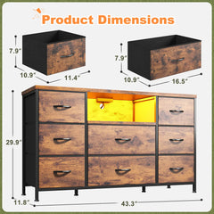 Snhomee 8-Drawer Dresser with LED Lights & Charging Station – Rustic Modern Storage Cabinet for Bedroom & Living Room