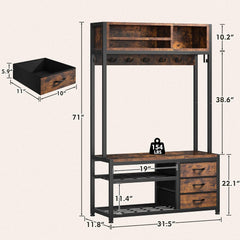 Snhomee Hall Tree Coat Rack Freestanding with Bench&Shoe Storage,with 12 Hooks for Entryway