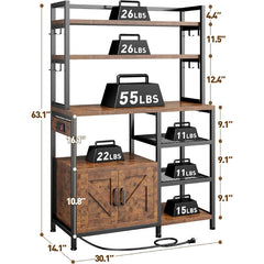 Snhomee 6-Tier Bakers Rack With Outlet, Microwave Stand With Storage Cabinet, 8 Side Hooks & Utility Shelf For Kitchen