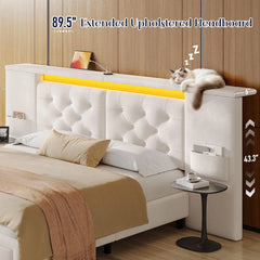 Snhomee Queen Size Velvet Upholstered Bed Frame with 89.5" Extra-Wide Tufted Headboard, 2 Storage Drawers, LED Lights & Charging Station, Luxury Platform Bed, No Box Spring Needed