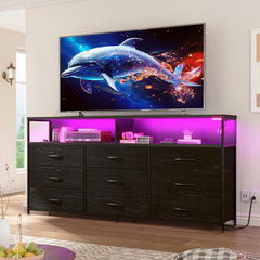 Snhomee Dresser TV Stand with 9 Drawers & Charging Station– 55" Wide Media Console LED lights & Wood Shelves for Bedroom, Living Room, or Dorm