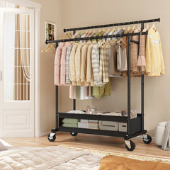 Double Rod Clothing Rack with Storage Bag & Sturdy Wheels, rolling clothing racks,Metal Garment Rack for Closet Organizers and Storage