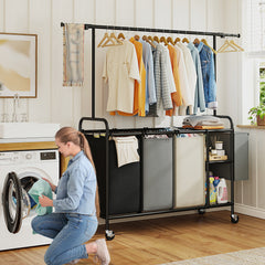 Snhomee 200L Rolling Laundry Sorter with Hanging Bar & 3 Bags - Wheeled Hamper Organizer