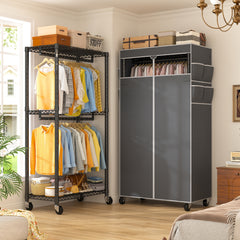 Heavy Duty Rolling Clothing Rack with Cover & Adjustable Height - Wheeled Garment Rack for Hanging Clothes, Portable Closet Organizer 35.5x15.7x79 Inches-Black-snhomee