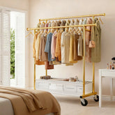 Double Rod Clothing Rack with Storage Bag & Sturdy Wheels, rolling clothing racks,Metal Garment Rack for Closet Organizers and Storage