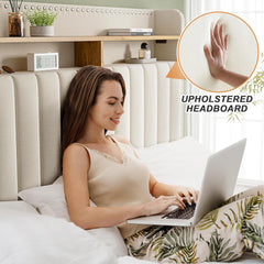 Snhomee Upholstered Bed Frame with 2 Storage Drawers & Headboard, 900LBS Capacity, No Noise Design, Padded Platform, No Box Spring Needed