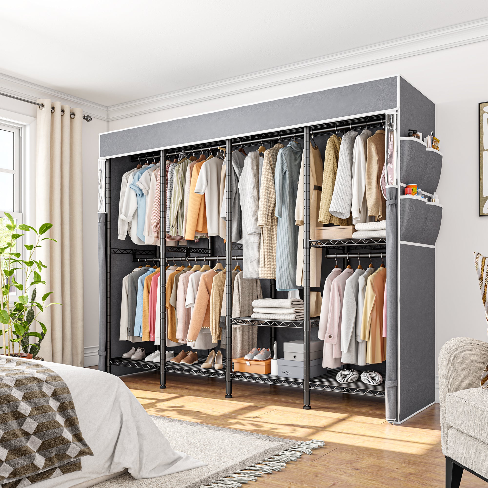 76" Heavy Duty Clothes Rack with Cover | 1150LBS Capacity Wardrobe Closet & 5 Hanging Rods | Space-Saver for 200+ Garments-Black-Clothes Rack with Cover-snhomee