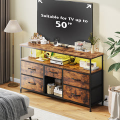 50" LED TV Stand with 5 Drawers & Outlets | Metal Dresser for Bedroom/Living Room-Rustic Brown-snhomee