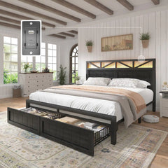 Snhomee 900LBS Bed Frame with 2 Storage Drawers, LED Headboard & Charging Station, Noise-Free, No Box Spring Needed