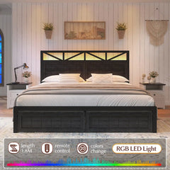 Snhomee 900LBS Bed Frame with 2 Storage Drawers, LED Headboard & Charging Station, Noise-Free, No Box Spring Needed