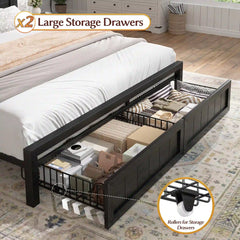 Snhomee 900LBS Bed Frame with 2 Storage Drawers, LED Headboard & Charging Station, Noise-Free, No Box Spring Needed