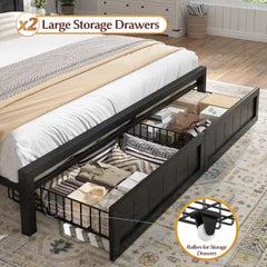Snhomee 900LBS Bed Frame with 2 Storage Drawers, LED Headboard & Charging Station, Noise-Free, No Box Spring Needed