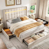 SnHomee Bedroom Frame with 3 Storage Drawers & LED Upholstered Bed Frame with Adjustable Headboard-Bed Frame-Full-Beige-snhomee
