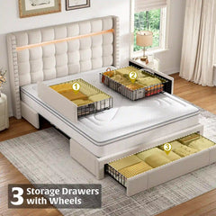 SnHomee Bedroom Frame with 3 Storage Drawers & LED Upholstered Bed Frame with Adjustable Headboard-Bed Frame-Queen-Beige-snhomee