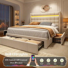 SnHomee Bedroom Frame with 3 Storage Drawers & LED Upholstered Bed Frame with Adjustable Headboard-Bed Frame-Queen-Beige-snhomee