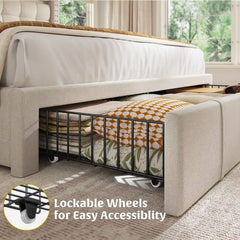 SnHomee Bedroom Frame with 3 Storage Drawers & LED Upholstered Bed Frame with Adjustable Headboard-Bed Frame-Queen-Beige-snhomee