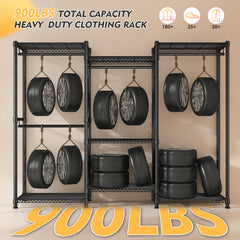 Snhomee 900LBS Heavy-Duty Clothes Rack with 7 Shelves & 4 Adjustable Rods, Freestanding Metal Garment Organizer with Anti-Tip Locks & Floor-Protecting Feet